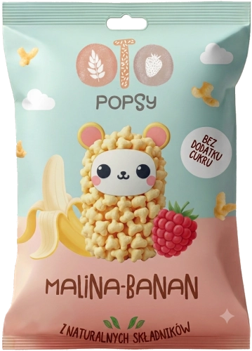 chrupki banan malina, owocowy popcorn, zdrowa przekąska do plecaka